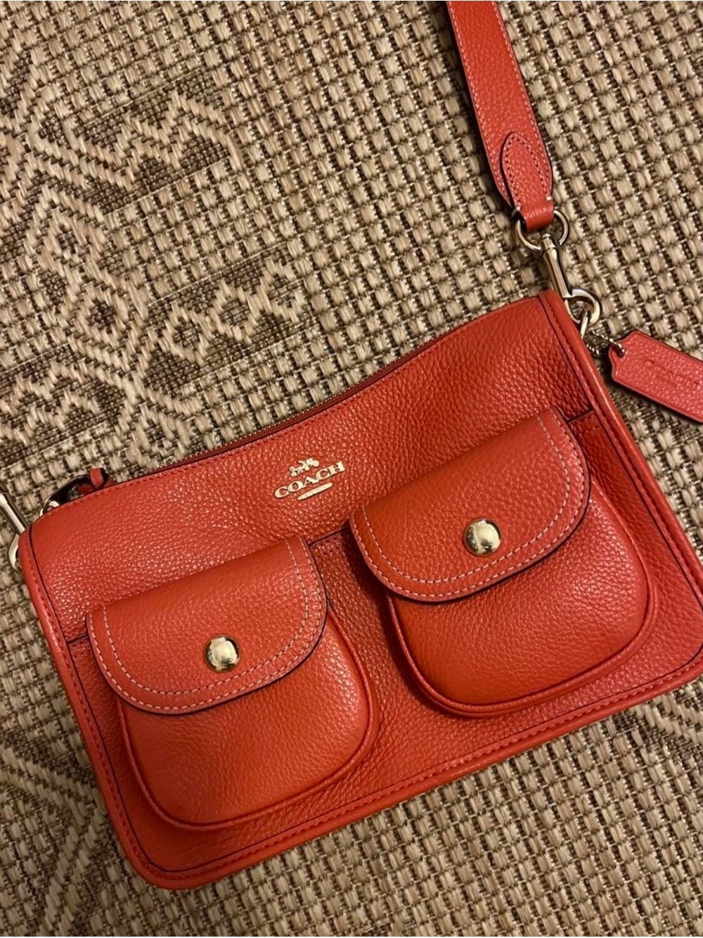 Coach Penny Pebbled Leather Double-Pocket Crossbody Bag in Orange🍂🍁🤎
